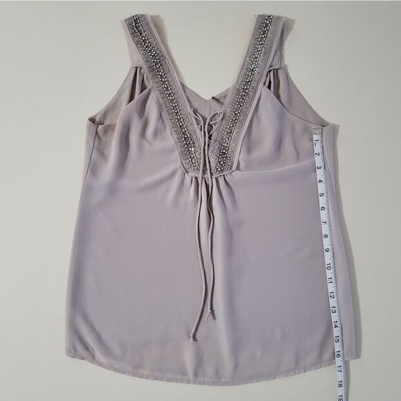 BKE Women's Silvery Grey Embellished Chiffon Lined Lace-up Tank Blouse - Picture 11 of 16